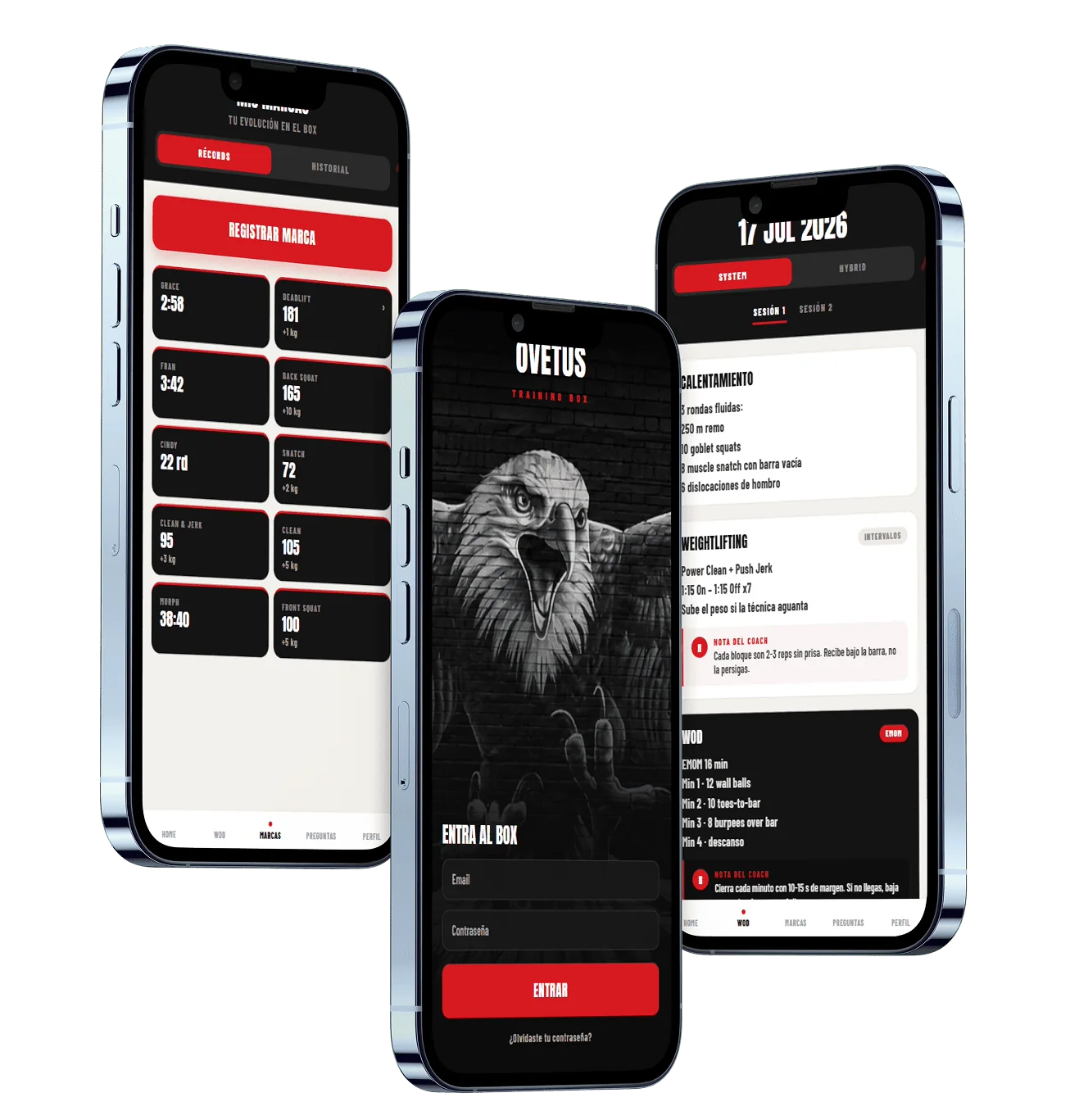 Pantalla de marcas de la app con la rejilla de récords personales, junto a la pantalla de acceso y la del WOD